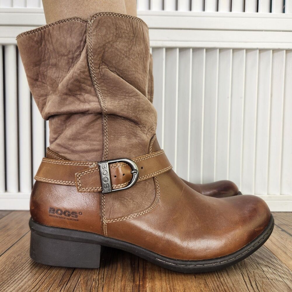 Bogs Carly Mid Calf Boots Womens Sz 8.5 Brown Leather Waterproof Buckle Pull On